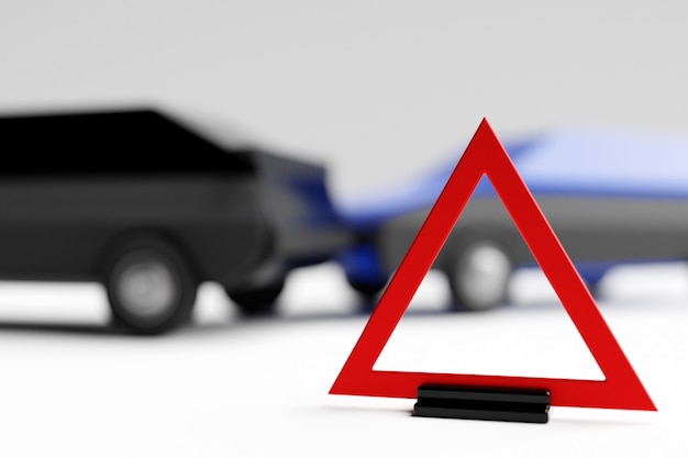 3d illustration concept of a car accident. close-up of red\
emergency sign against car accident background on white\
background