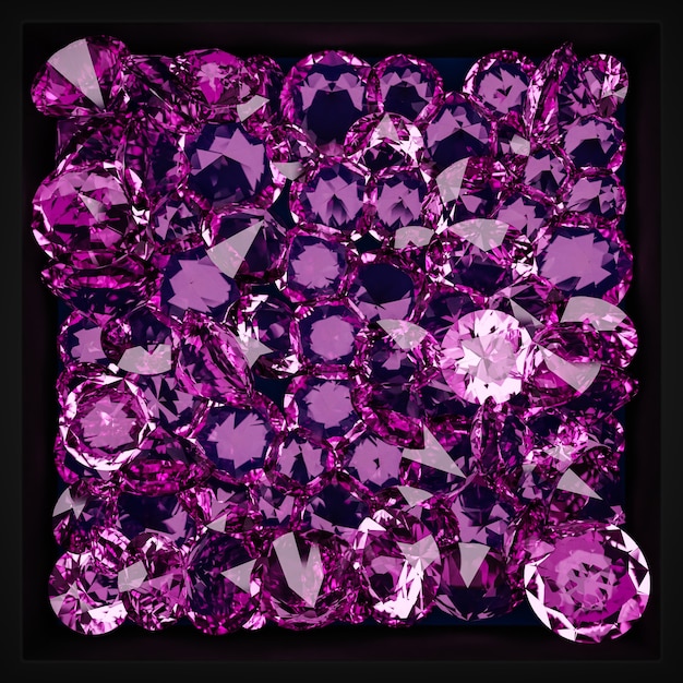 3d illustration of a pattern of many transparent diamonds\
hanging in the air under neon pink light on a monogrome background.\
large cut diamond