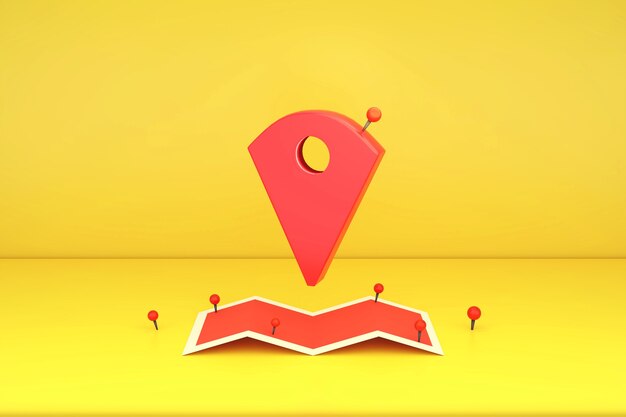 3d rendering locator mark of map and location pin or navigation\
icon sign on paper map searching