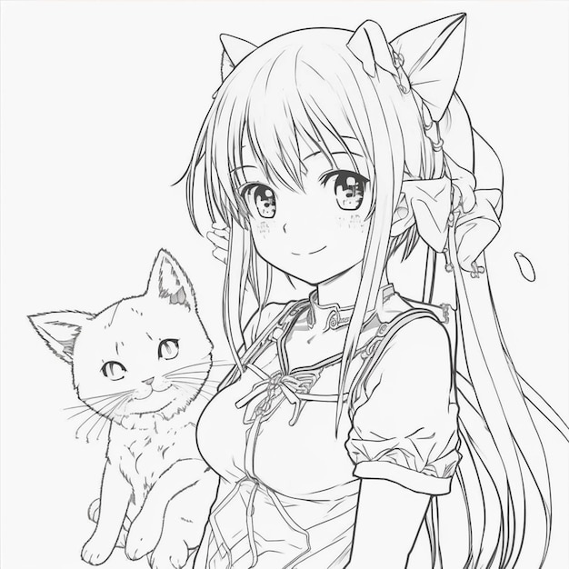 Premium Photo | Anime girl with cat coloring pages generative ai