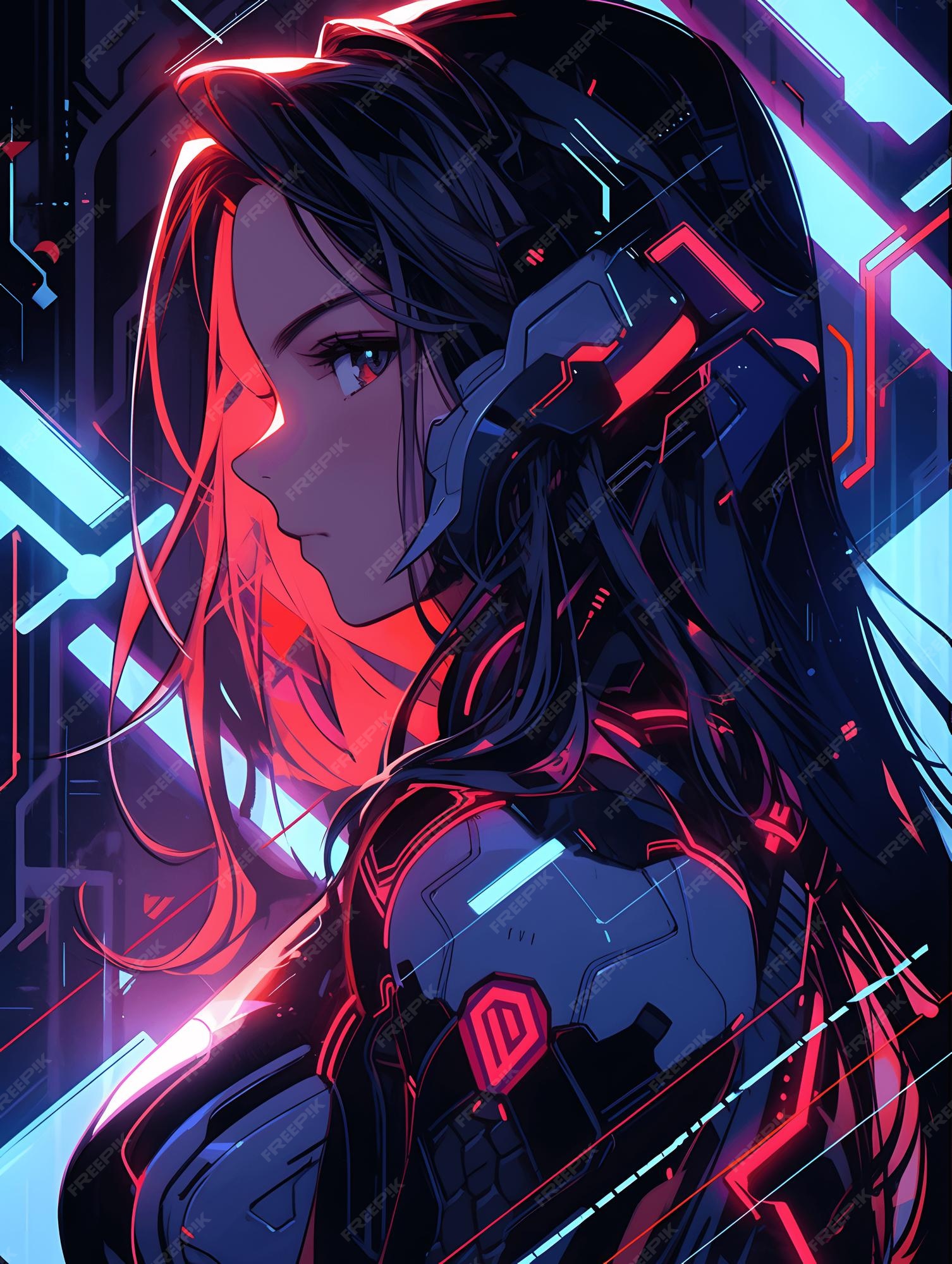 Premium Photo | Anime style image of a cyberpunk girl with vivid ...