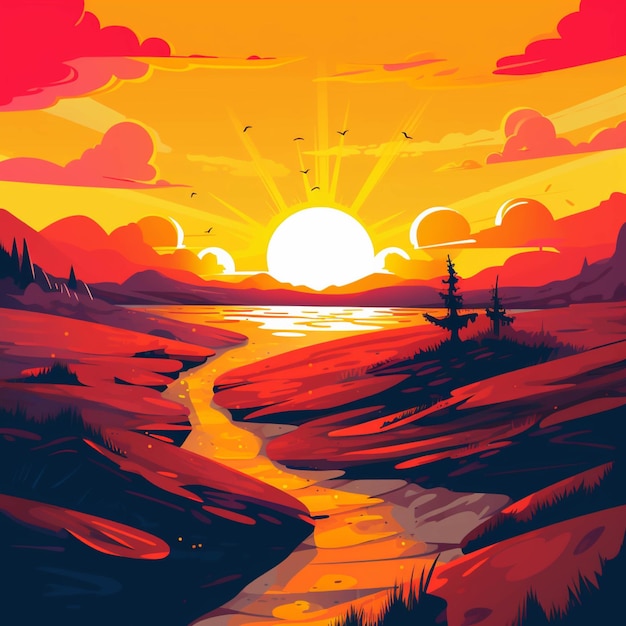 Premium AI Image | Beautiful sunset over the river Vector illustration ...