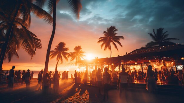 Premium Photo | Blurred people having a sunset beach party in summer