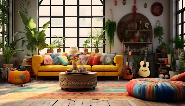 Premium AI Image | a bohemian inspired living room with a colorful sofa ...