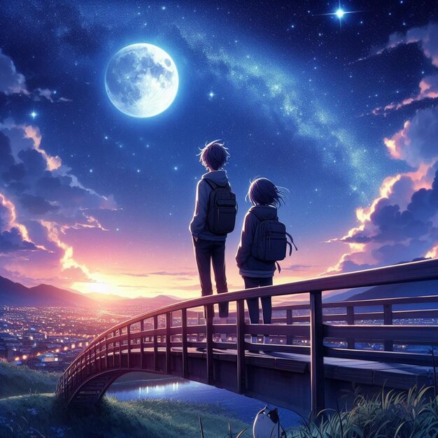 Premium Photo | Boy looking at the moon illustration anime illustration