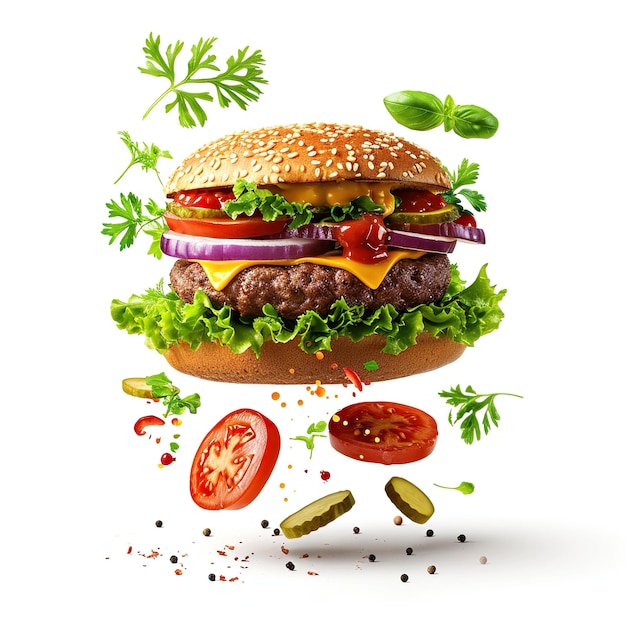 Burger with flying elements Food levitation concept Delicious hamburger ...