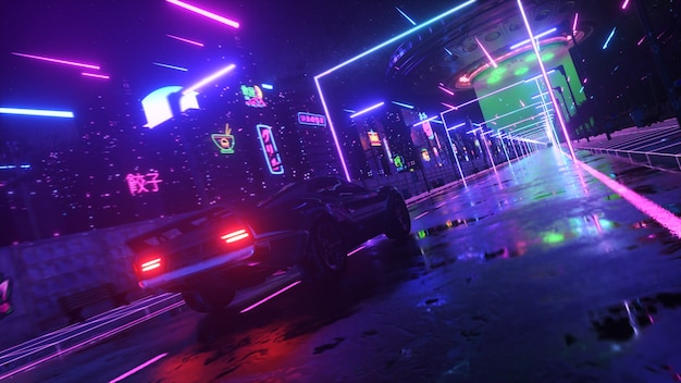 Premium Photo | Car and city in neon style. 80s retro wave background ...