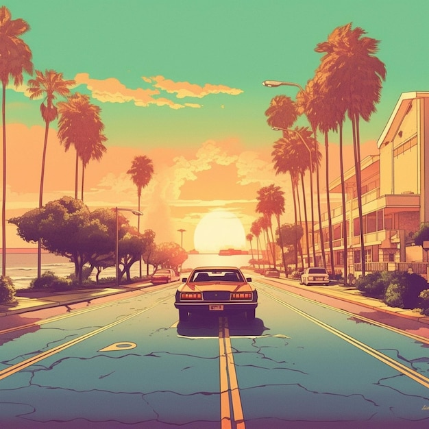 Premium AI Image | A car on the road in front of palm trees