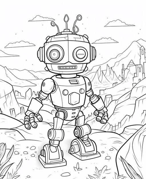 Premium Photo | A cartoon robot standing in a field with a castle in ...