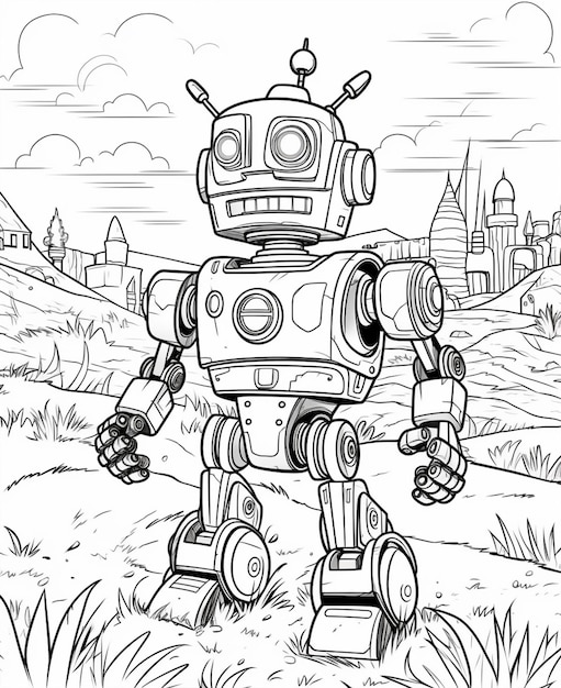 Premium AI Image | a cartoon robot standing in a field with a city in ...