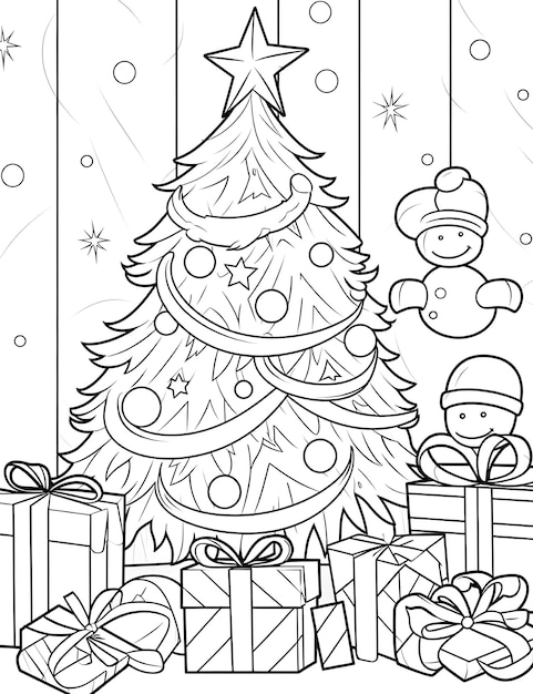 Premium AI Image | Christmas tree and presents coloring pages for kids