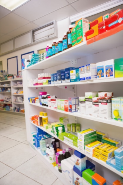 Premium Photo | Close up of shelves of drugs