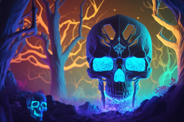 Premium AI Image | a close up of a skull with glowing eyes in a forest ...