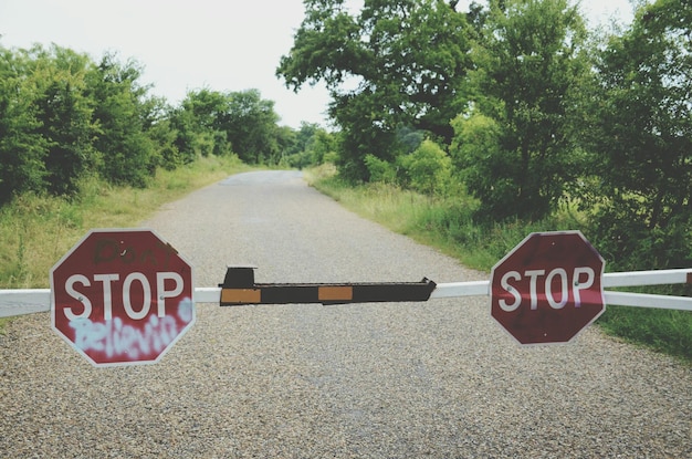 Premium Photo | Close-up of stop sign on road against trees