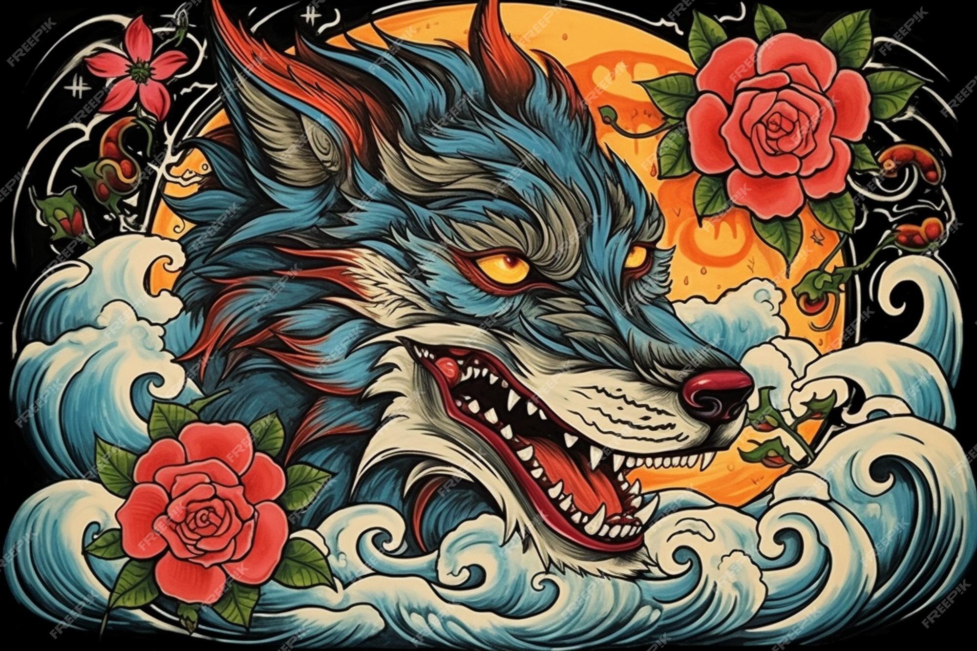 Premium AI Image | A close up of a tattoo style wolf with roses on a ...