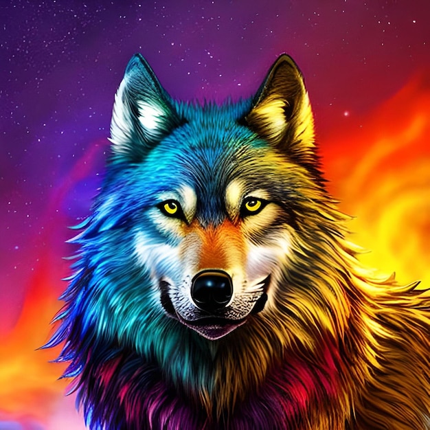 Premium Photo | A colorful wolf with a blue face and yellow eyes.