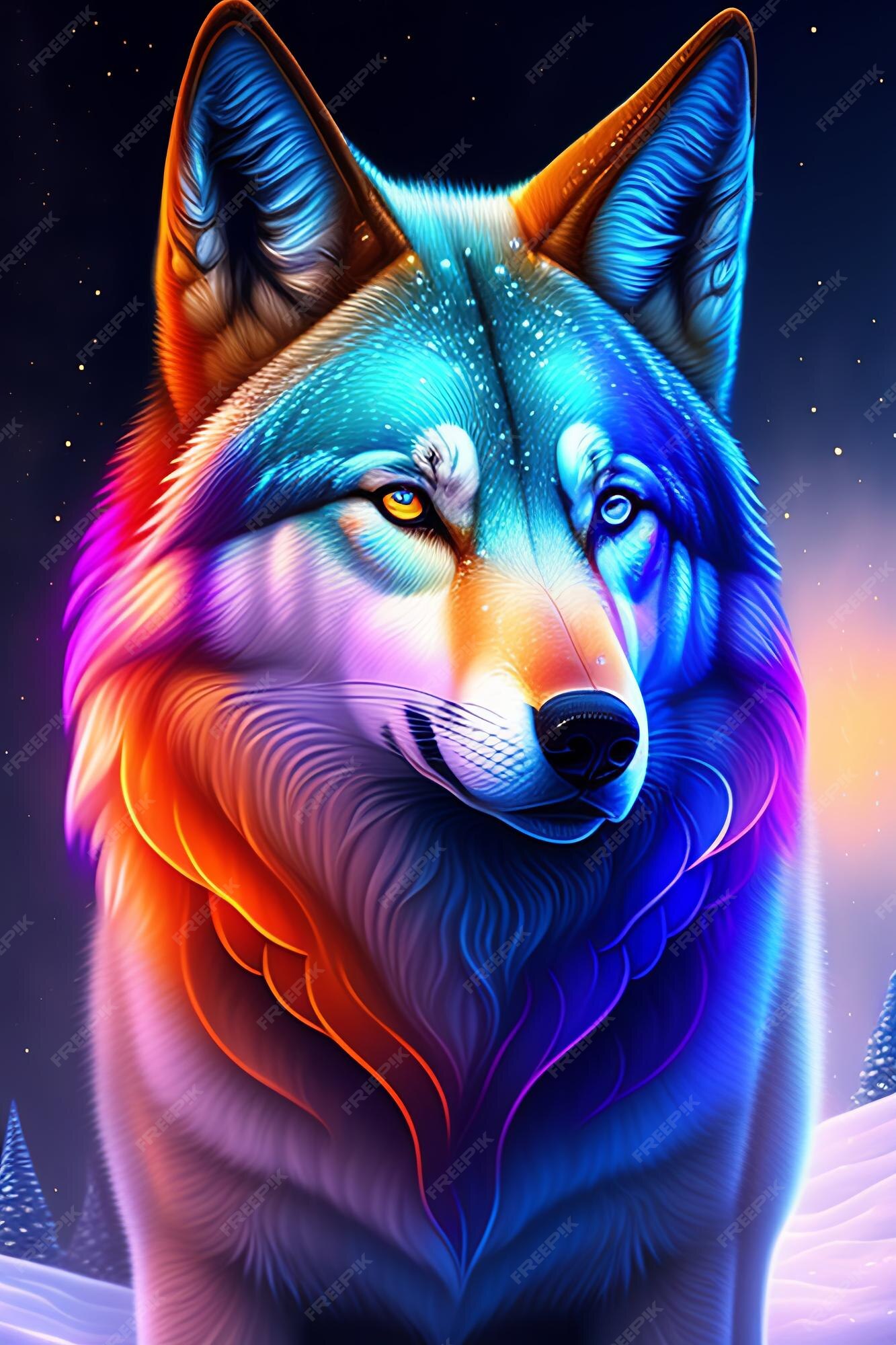 Premium Photo | A colorful wolf with a blue and orange face