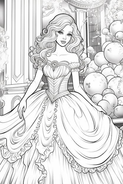 Premium Photo | A coloring page of a beautiful princess in a ball gown ...