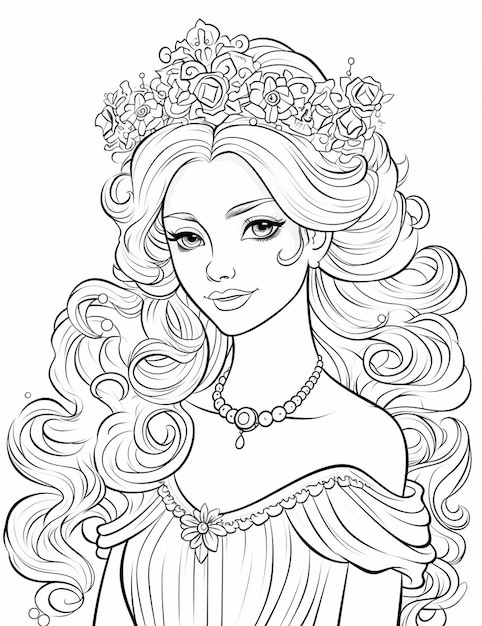 Premium AI Image | a coloring page of a beautiful princess with long ...