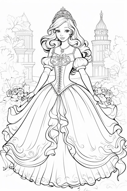 Premium AI Image | a coloring page of a princess in a dress with a ...