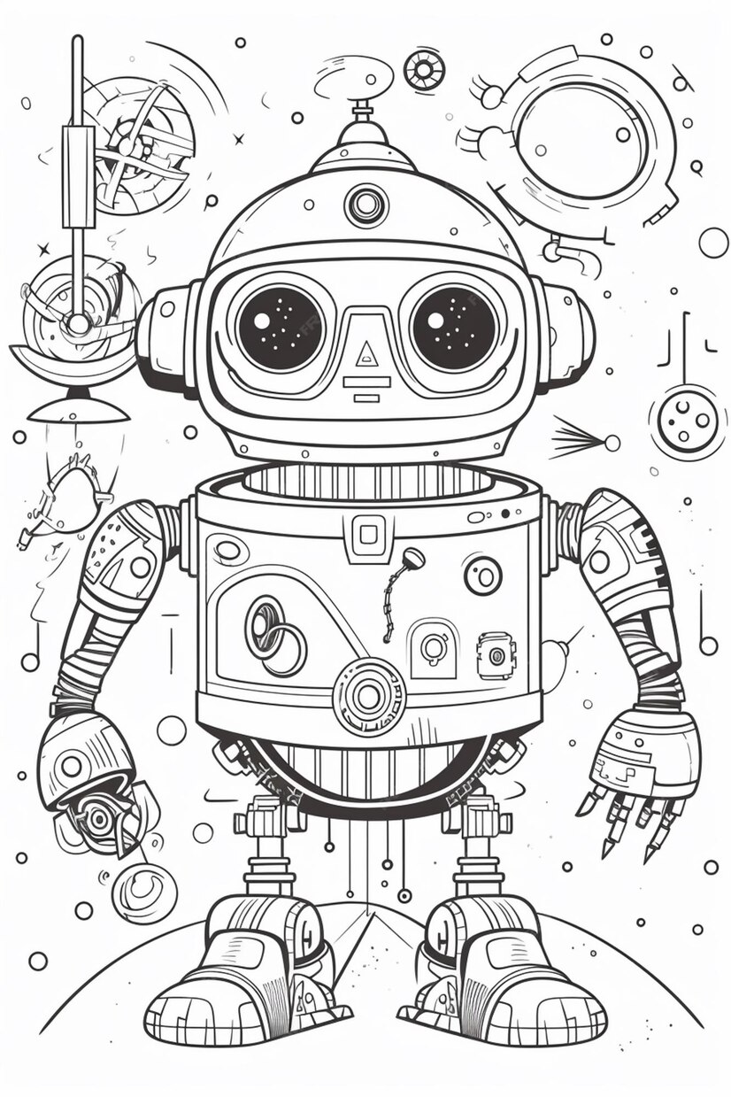 Premium Photo | A coloring page with a robot and other objects ...