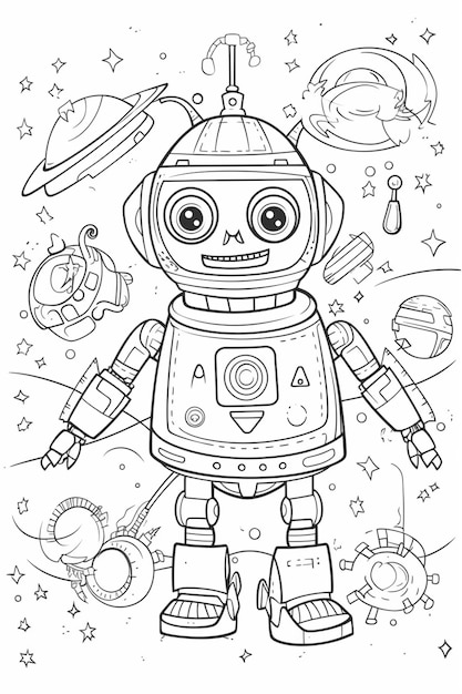 Premium AI Image | a coloring page with a robot and space objects ...