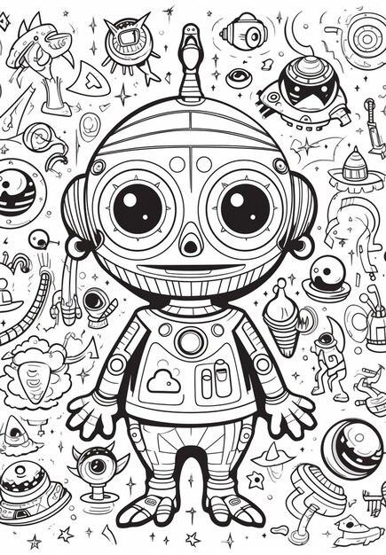 Premium Photo | A coloring page with a robot and space related items ...