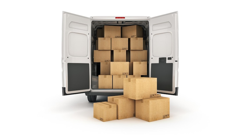 Premium Photo | Commercial delivery vans with cardboard boxes 3d rendering