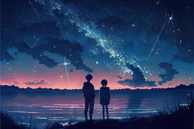 Premium AI Image | Couple under a starry sky in Ghibli Art