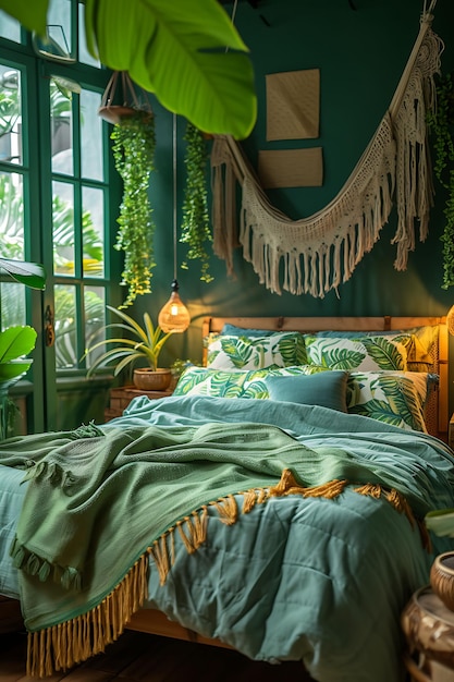 Premium Photo | Cozy Amazonian Themed Bedroom With Tropical Leaf Prints ...