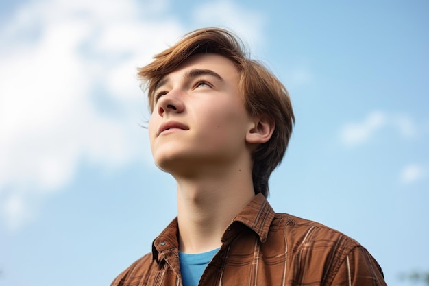 Premium AI Image | Cropped shot of a handsome teenage boy looking up at ...