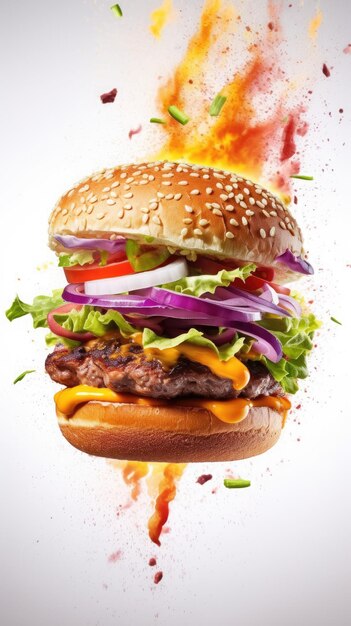 Premium AI Image | Delicious Hamburger with flying elements Generative AI