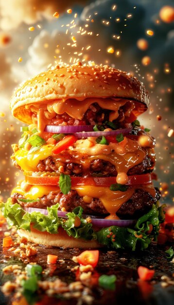 Premium Photo | Delicious hamburger with flying ingredients Generative AI