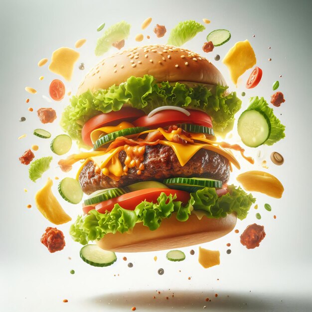 Premium Photo | Delicious hamburger with flying ingredients isolated on ...