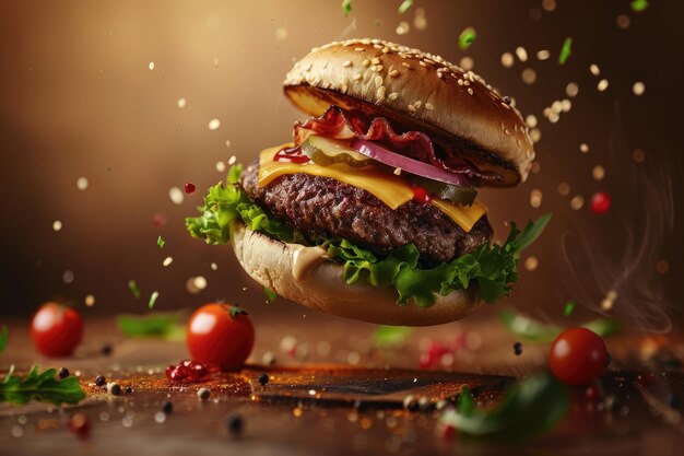 Premium Photo | Delicious hamburger with flying ingredients on wooden table