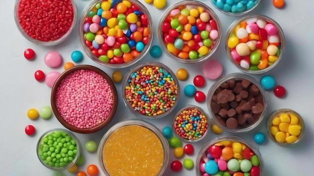 Premium AI Image | Different colored round candy in bowl and jars top ...