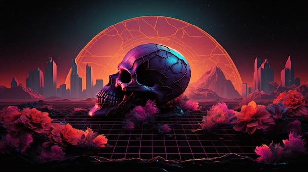 Premium Photo | A digital painting of a skull with a neon background.