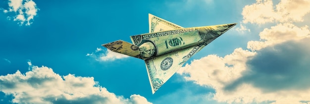 A dollar bill folded into an airplane shape flies through a bright blue ...