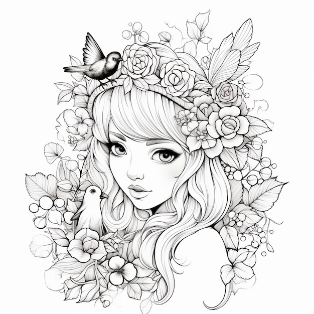 Premium Photo | A drawing of a girl with flowers and birds in her hair ...