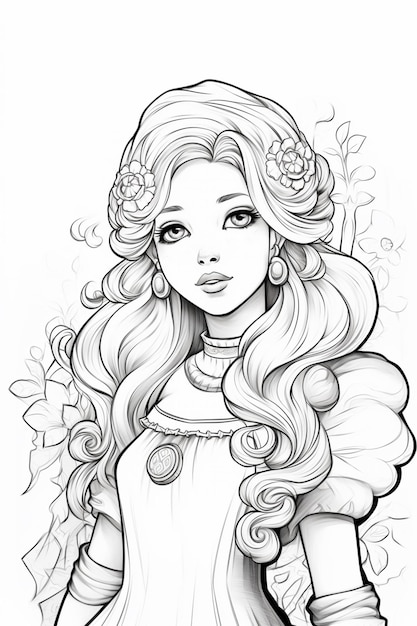 Premium AI Image | a drawing of a girl with long hair and a dress ...