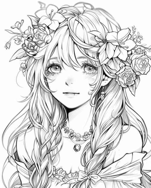 Premium Photo | A drawing of a girl with long hair and flowers in her ...