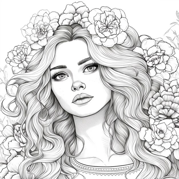 Premium Photo | A drawing of a woman with long hair and flowers in her ...