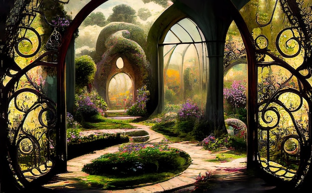 Enchanted garden with wrought iron gate and colorful flowering\
plants. illustration with fairy tale