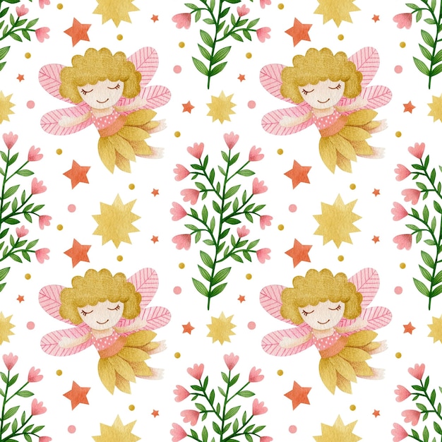 Fairy garden watercolor seamless pattern