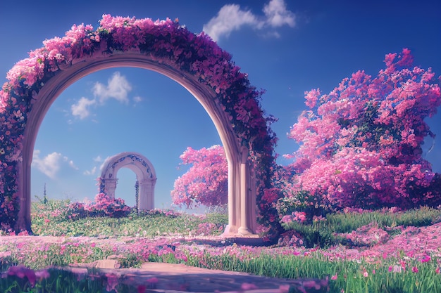 Fairy garden with stone arch fantasy landscape flowers stone\
arch portal entrance unreal world3d rendering raster\
illustration