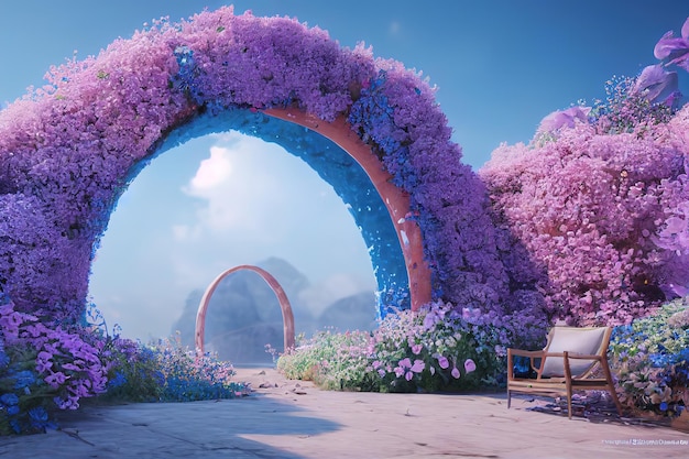 Fairy garden with stone arch fantasy landscape flowers stone\
arch portal entrance unreal world3d rendering raster\
illustration