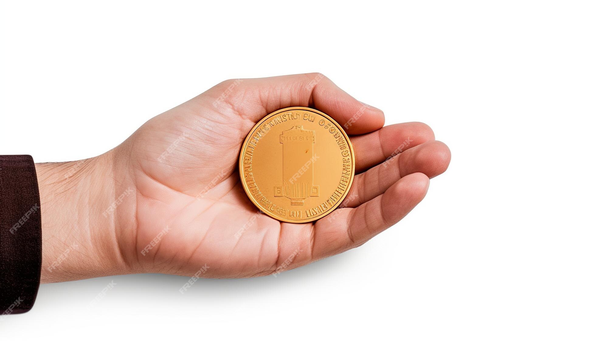 Premium Photo | Female hand holding a gold coin on a white background