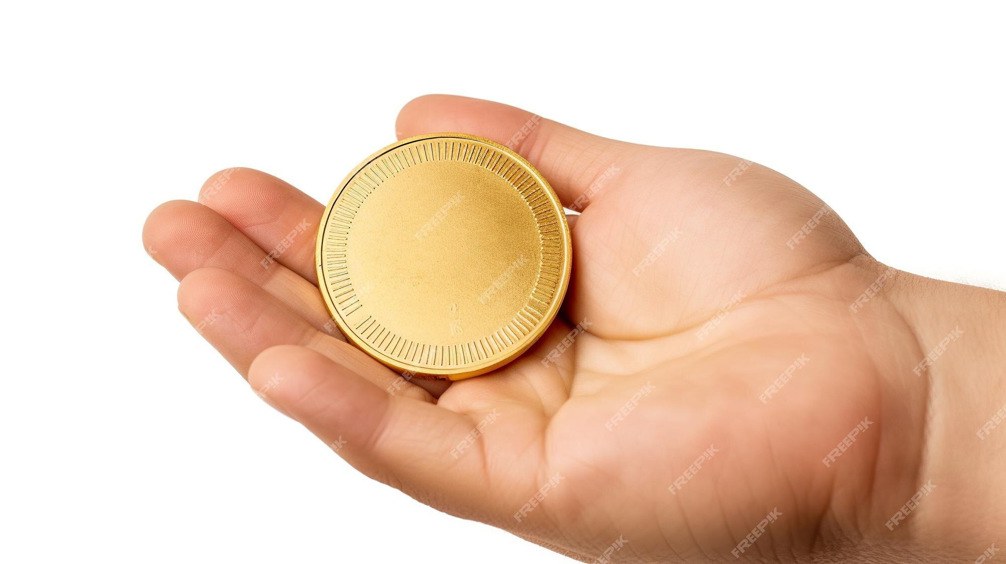 Premium Photo | Female hand holding a gold coin on a white background