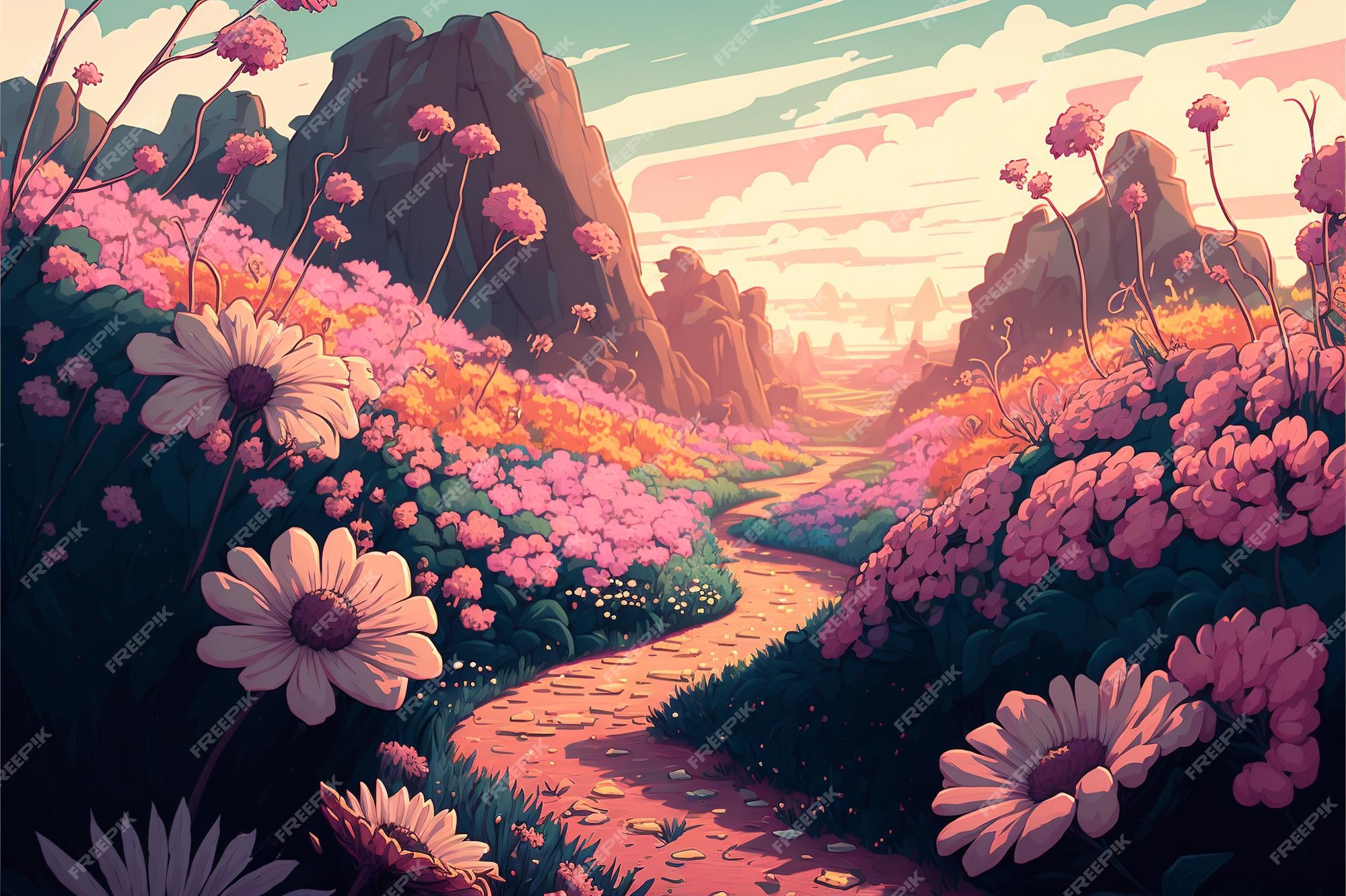 Premium Photo | Flower landscape background in anime style ...