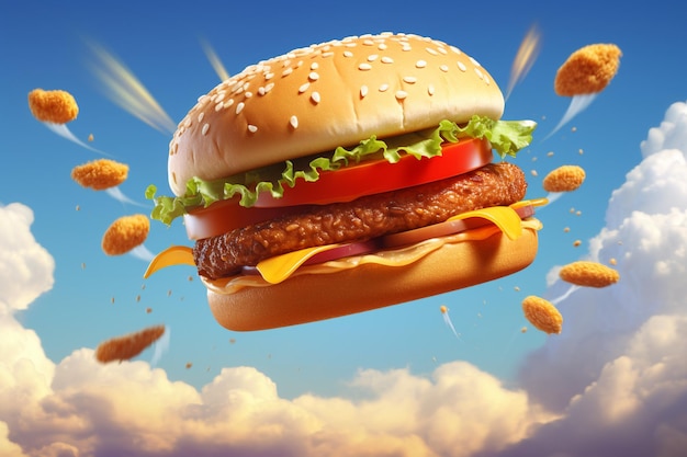 Premium Photo | Flying Elements of a Delicious Hamburger